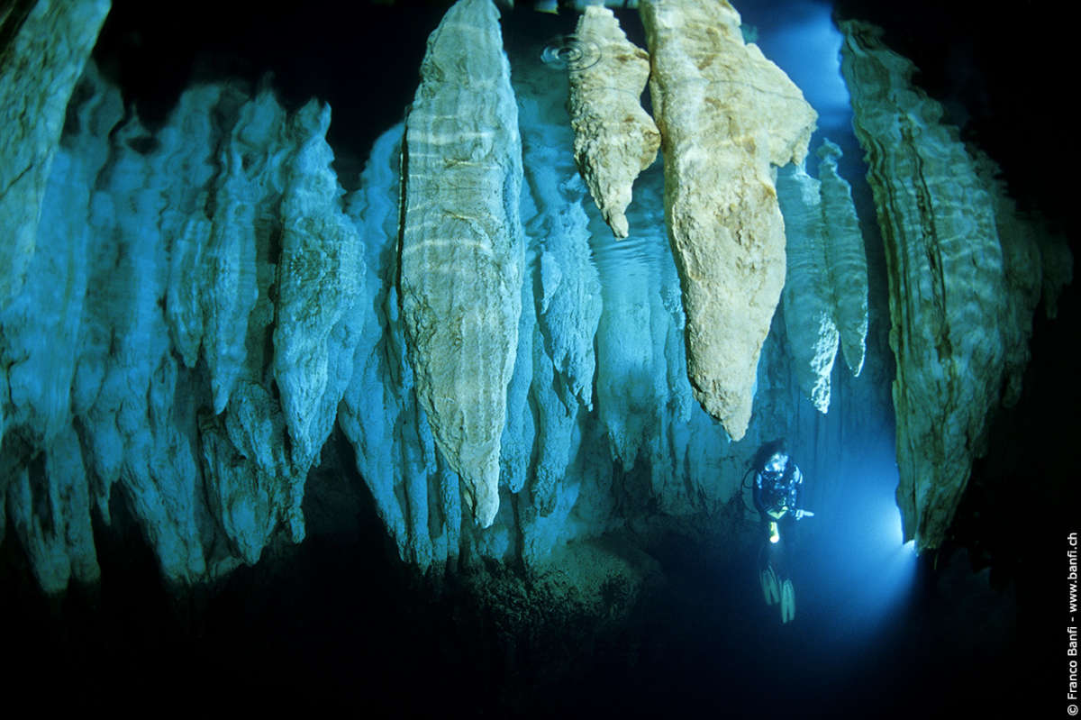 Diver underwater inside Chandelier Cave Palau