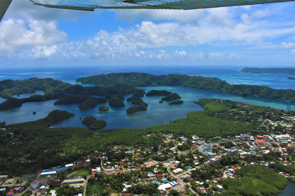 Aerial photo of Koror with the famous Rock Islands in the background
